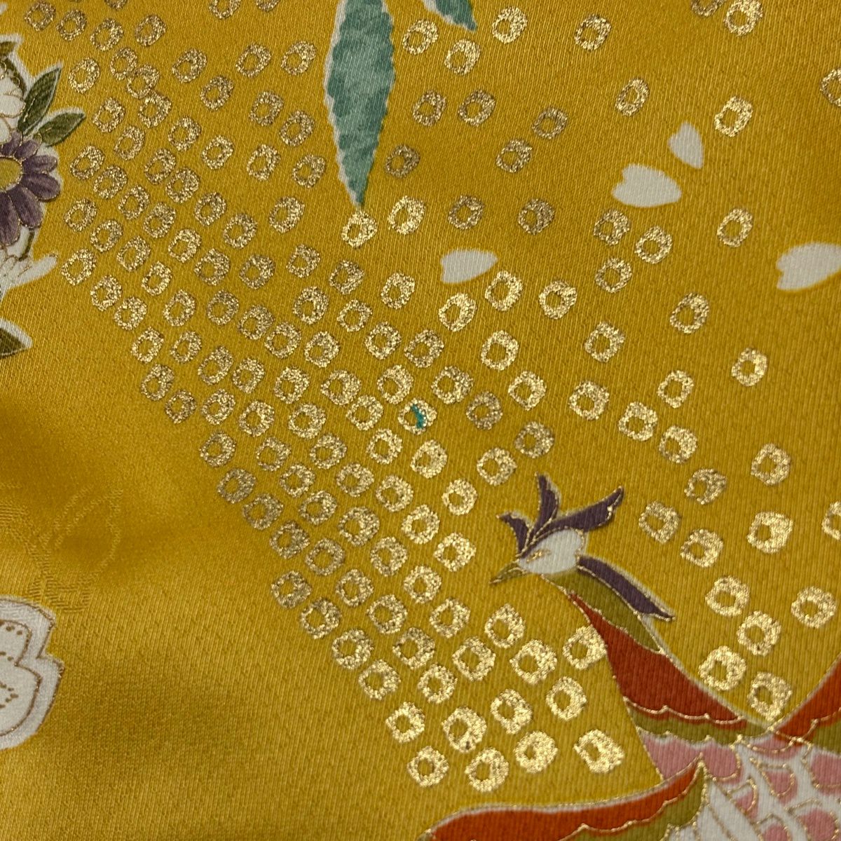 振袖禮服 身長171.5cm 袖長71cm L 雙層 花丸紋 鳥 金絲 金銀彩 山吹 純蠶絲 秀品級