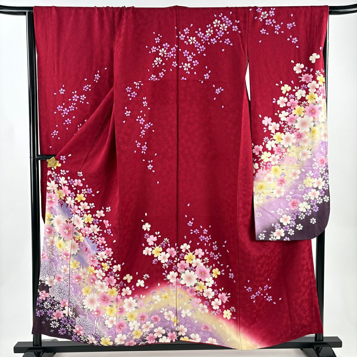 【美品】振袖禮服 身長155cm 袖長66.5cm M 雙層 草花紋紋 雪輪 金銀彩 漸層 紅 純蠶絲 優品級