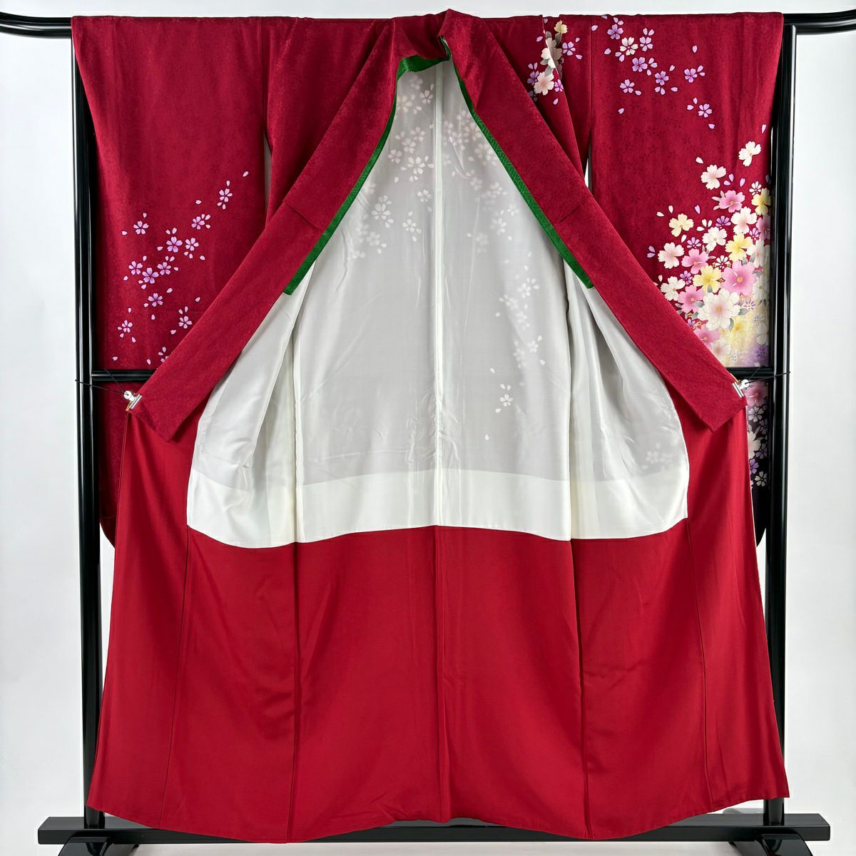 【美品】振袖禮服 身長155cm 袖長66.5cm M 雙層 草花紋紋 雪輪 金銀彩 漸層 紅 純蠶絲 優品級