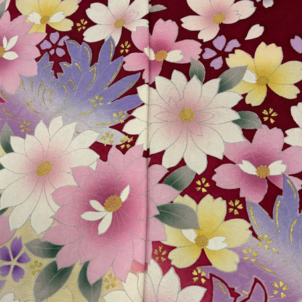 【美品】振袖禮服 身長155cm 袖長66.5cm M 雙層 草花紋紋 雪輪 金銀彩 漸層 紅 純蠶絲 優品級
