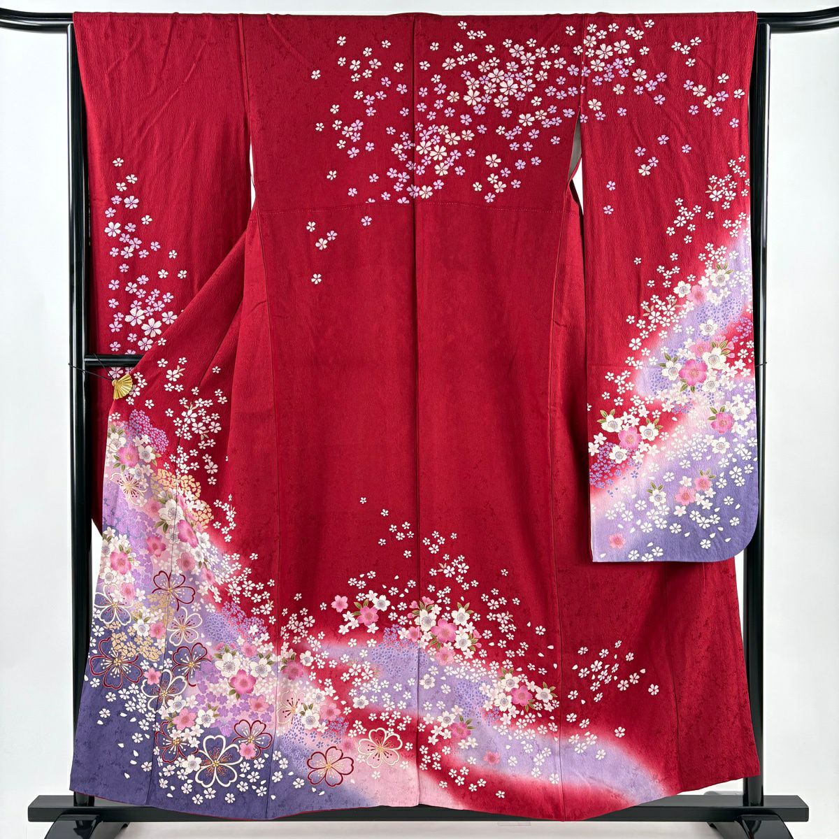 【美品】振袖禮服 身長156cm 袖長64.5cm M 雙層 櫻花 霞 金銀彩 漸層 紅 純蠶絲 優品級