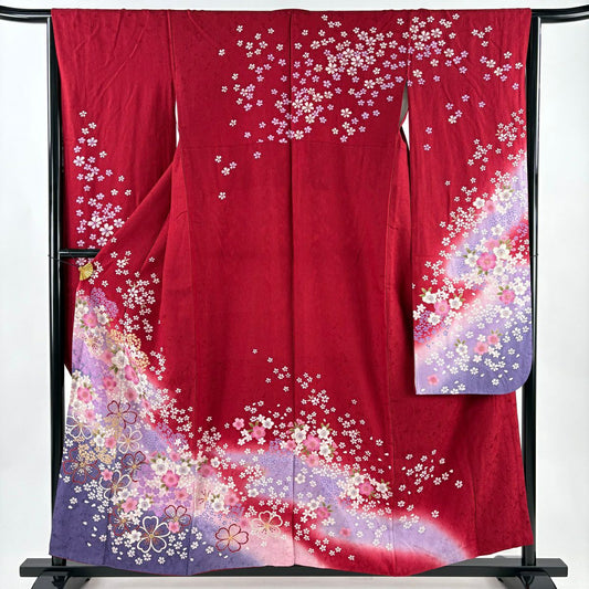 【美品】振袖禮服 身長156cm 袖長64.5cm M 雙層 櫻花 霞 金銀彩 漸層 紅 純蠶絲 優品級