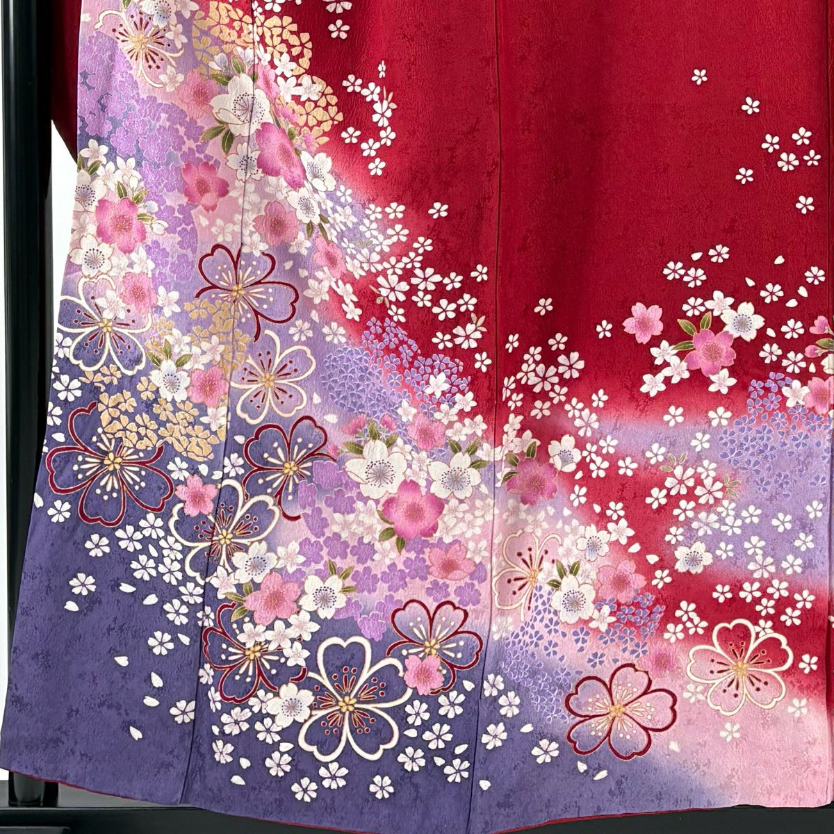 【美品】振袖禮服 身長156cm 袖長64.5cm M 雙層 櫻花 霞 金銀彩 漸層 紅 純蠶絲 優品級