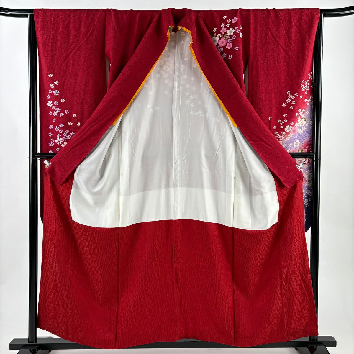 【美品】振袖禮服 身長156cm 袖長64.5cm M 雙層 櫻花 霞 金銀彩 漸層 紅 純蠶絲 優品級