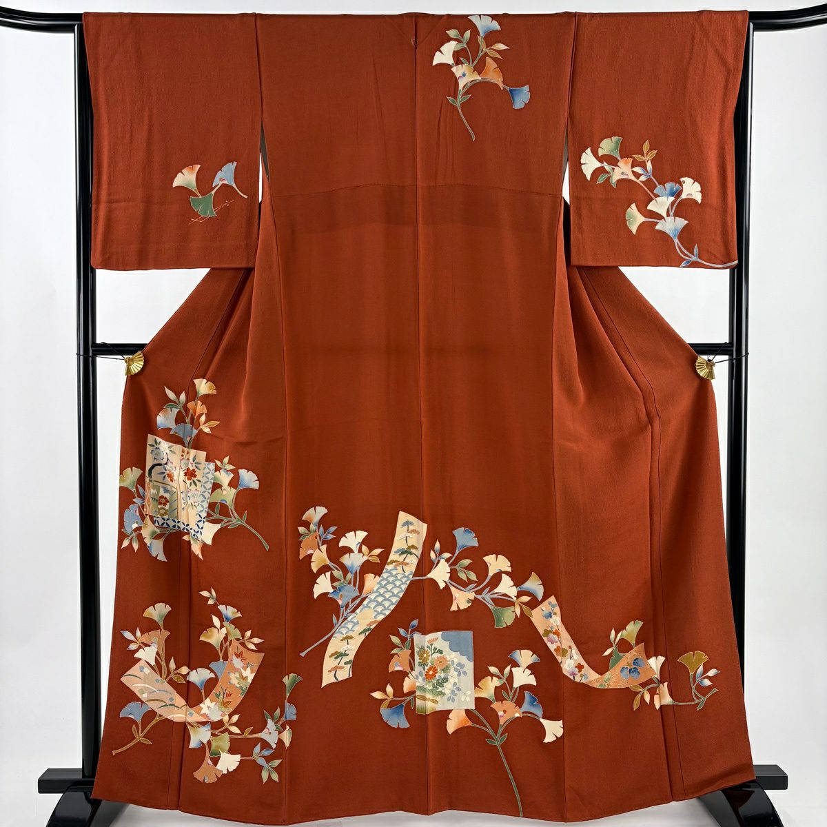 訪問服 身長163.5cm 袖長65.5cm M 雙層 葉色紙 縮緬 紅茶 純蠶絲 秀品級 一つ紋