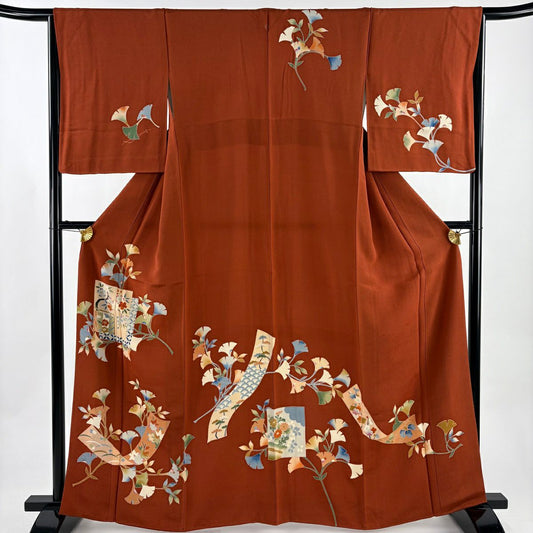 訪問服 身長163.5cm 袖長65.5cm M 雙層 葉色紙 縮緬 紅茶 純蠶絲 秀品級 一つ紋