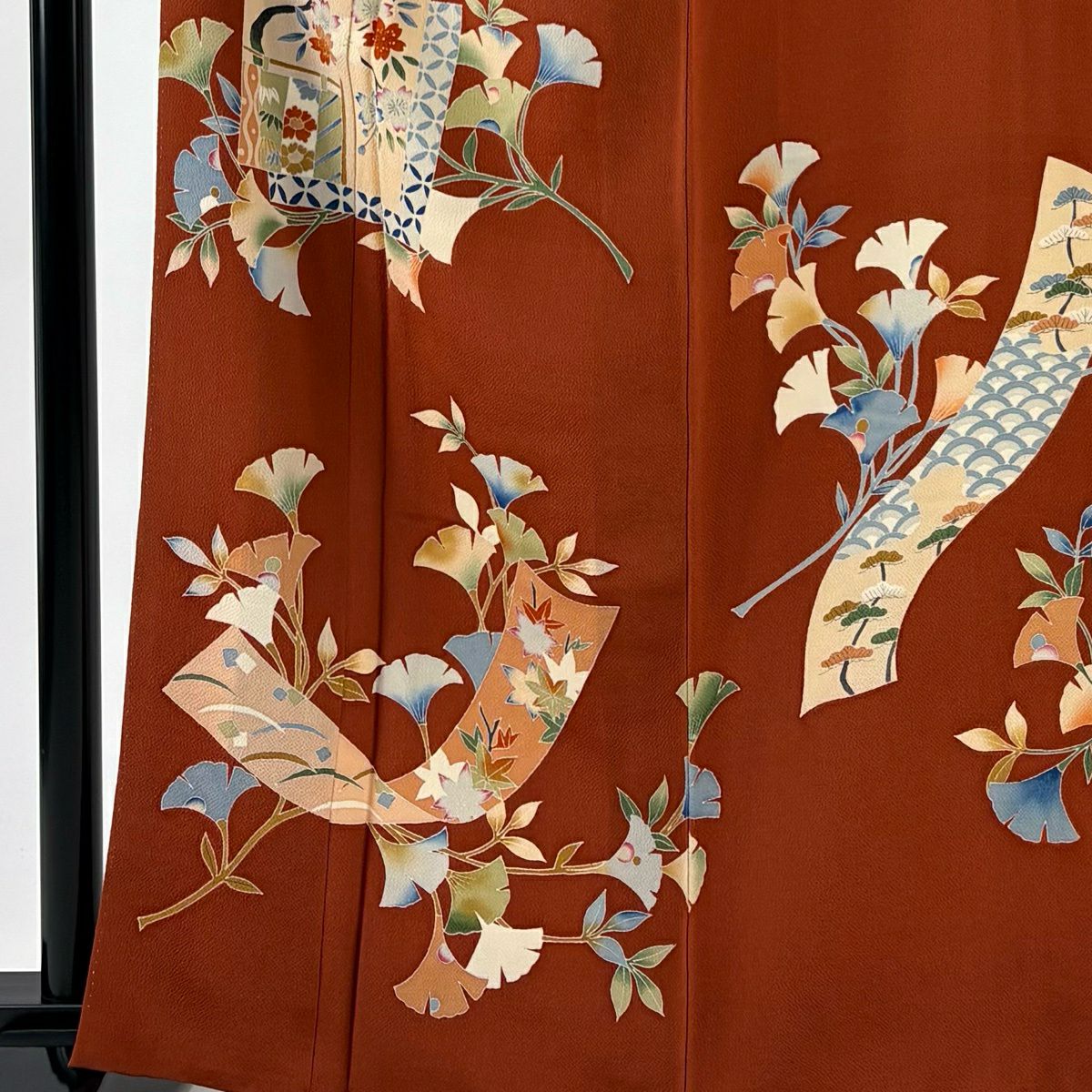 訪問服 身長163.5cm 袖長65.5cm M 雙層 葉色紙 縮緬 紅茶 純蠶絲 秀品級 一つ紋