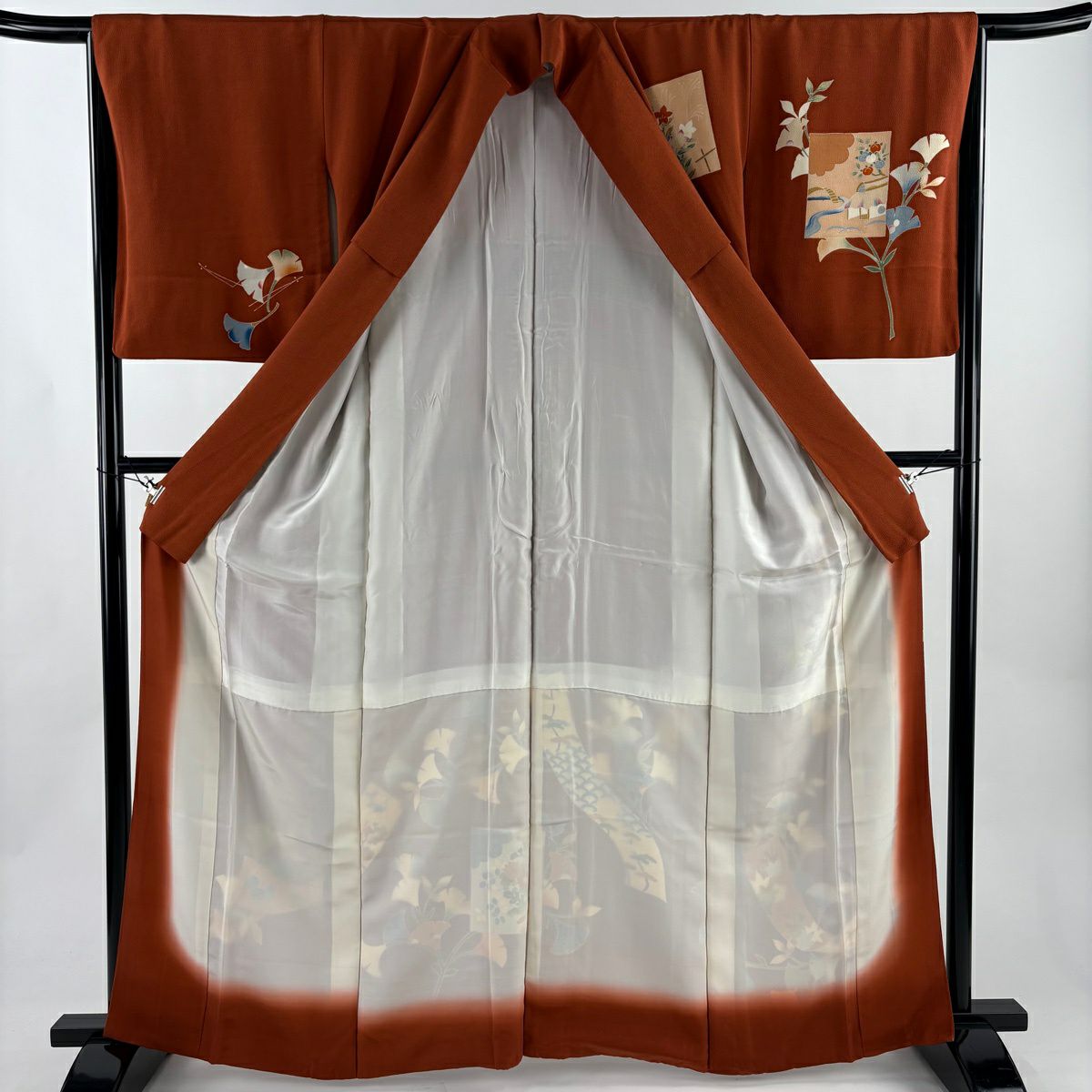 訪問服 身長163.5cm 袖長65.5cm M 雙層 葉色紙 縮緬 紅茶 純蠶絲 秀品級 一つ紋