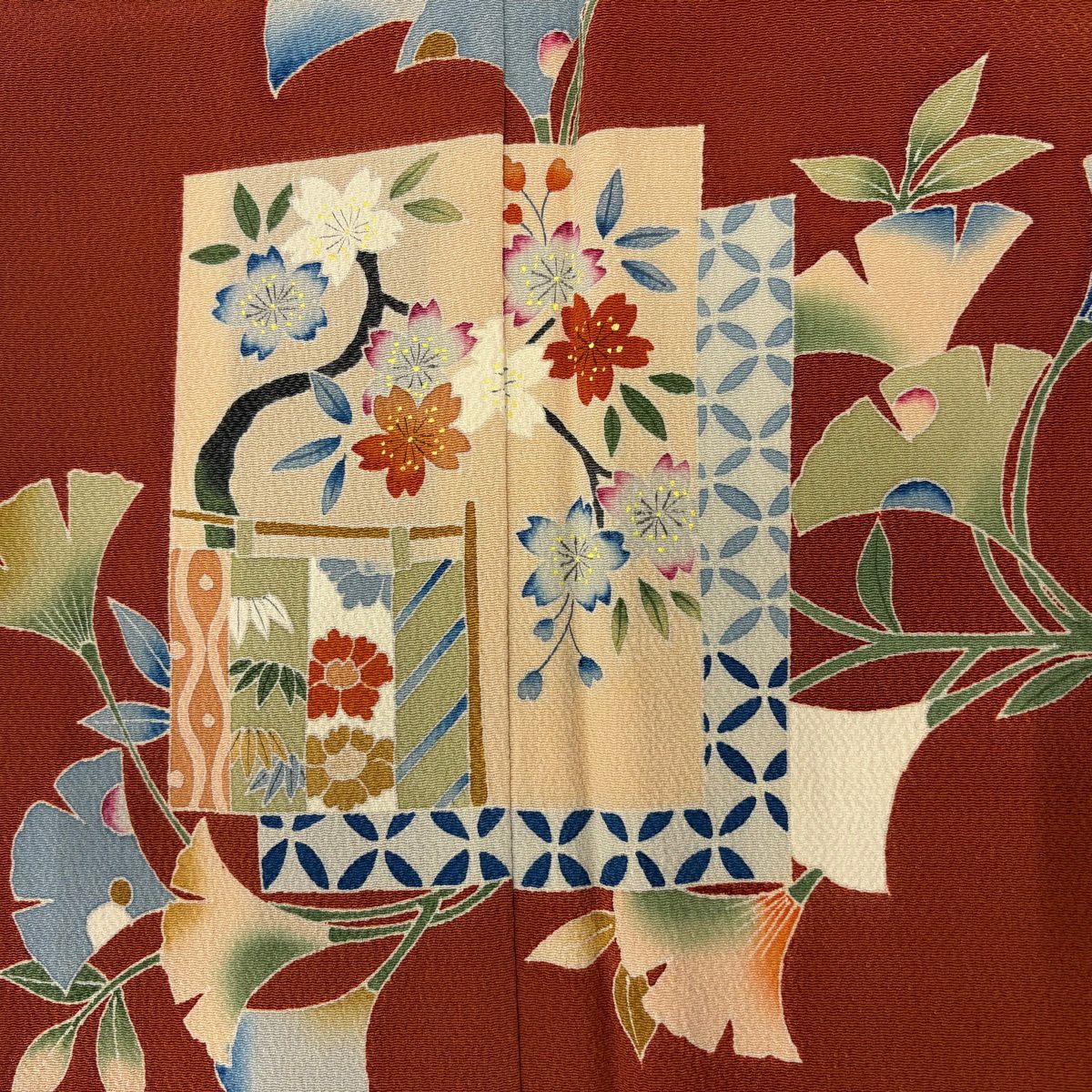訪問服 身長163.5cm 袖長65.5cm M 雙層 葉色紙 縮緬 紅茶 純蠶絲 秀品級 一つ紋