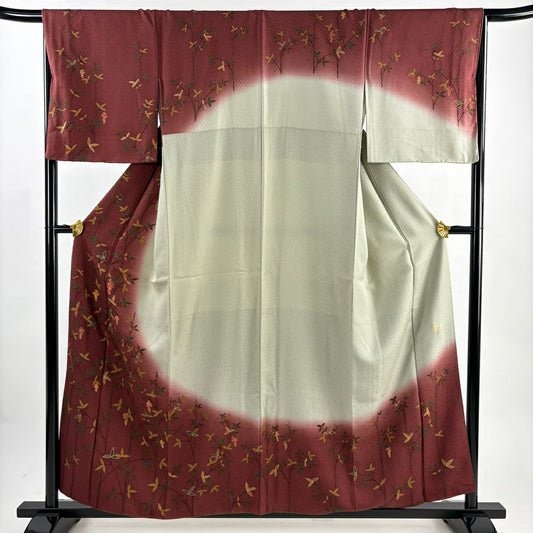【美品】訪問服 身長156.5cm 袖長67cm M 雙層 落款あり 葉と実 地紋 金彩裝飾 染分 えんじ色 純蠶絲 秀品級