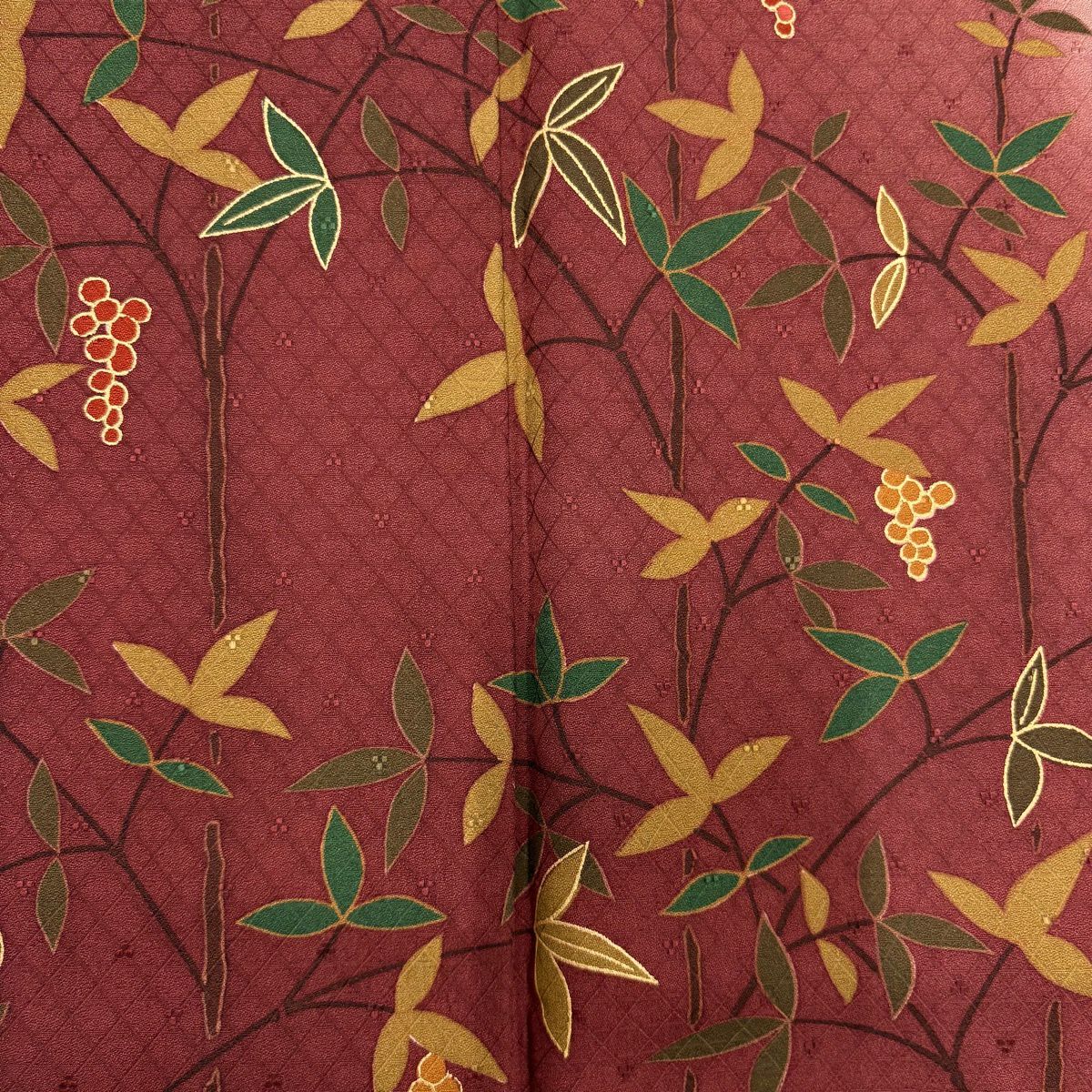 【美品】訪問服 身長156.5cm 袖長67cm M 雙層 落款あり 葉と実 地紋 金彩裝飾 染分 えんじ色 純蠶絲 秀品級