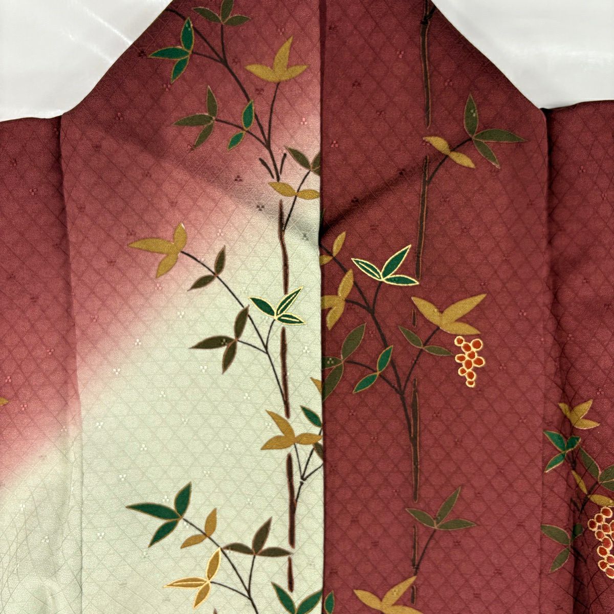 【美品】訪問服 身長156.5cm 袖長67cm M 雙層 落款あり 葉と実 地紋 金彩裝飾 染分 えんじ色 純蠶絲 秀品級