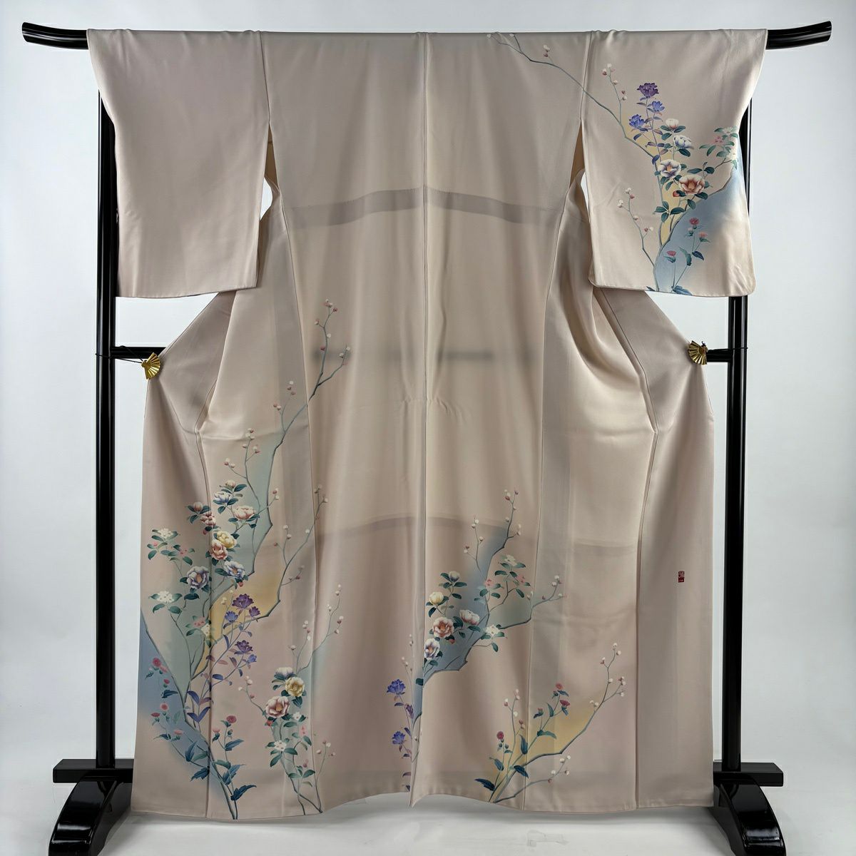 訪問服 身長165cm 袖長69.5cm L 雙層 落款有 枝花 椿 漸層 淡粉色 純蠶絲 優品級