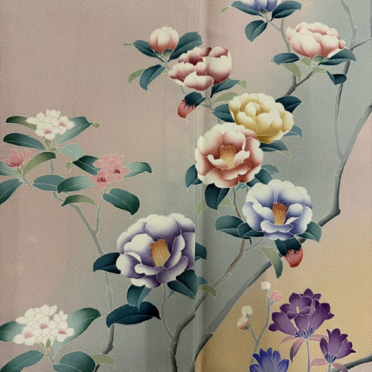 訪問服 身長165cm 袖長69.5cm L 雙層 落款有 枝花 椿 漸層 淡粉色 純蠶絲 優品級