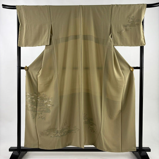 【美品】 付下 身長156.5cm 袖長68cm L 雙層 ヱ霞 花唐草紋 刺繡 灰綠 純蠶絲 秀品級