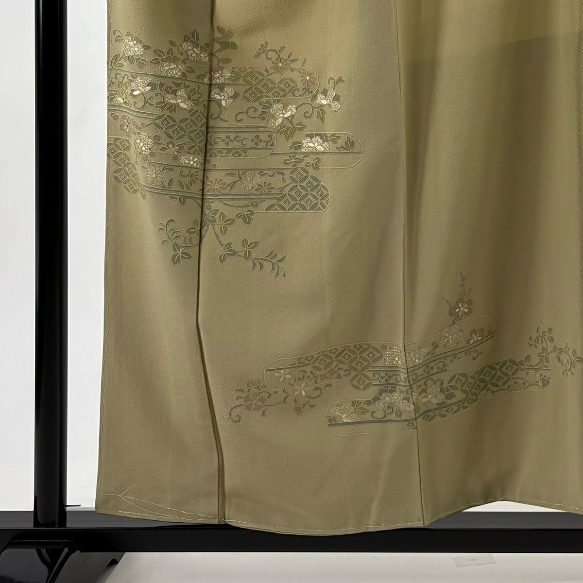 【美品】 付下 身長156.5cm 袖長68cm L 雙層 ヱ霞 花唐草紋 刺繡 灰綠 純蠶絲 秀品級