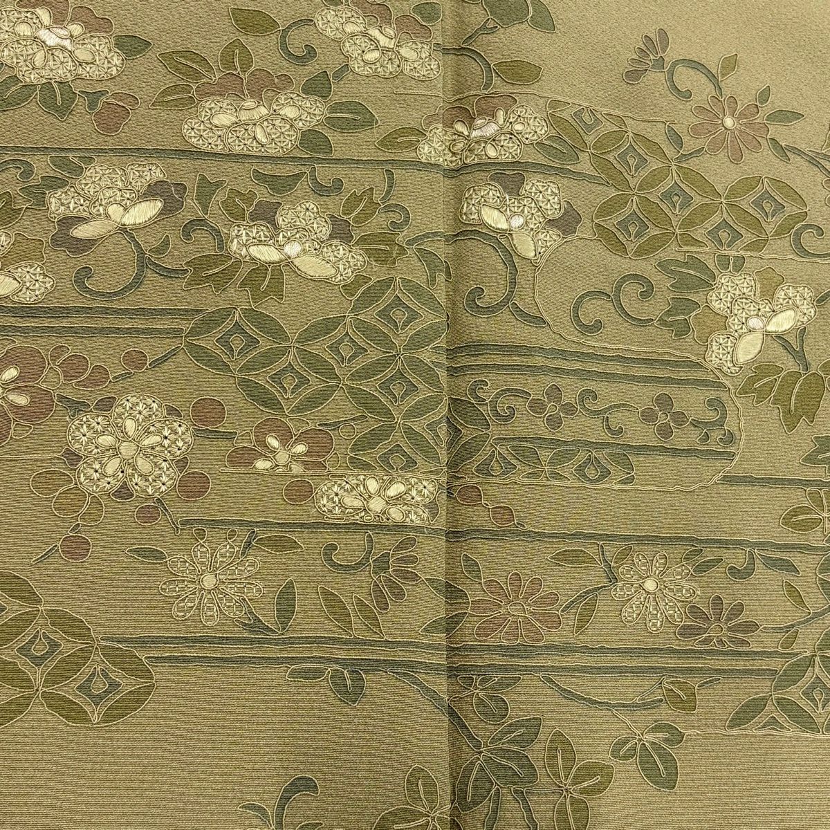 【美品】 付下 身長156.5cm 袖長68cm L 雙層 ヱ霞 花唐草紋 刺繡 灰綠 純蠶絲 秀品級