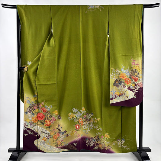 振袖禮服 身長158.5cm 袖長66cm M 雙層 扇子 牡丹 刺繡 金糸 蓬色 純蠶絲 秀品級