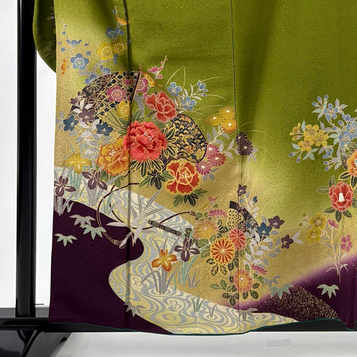 振袖禮服 身長158.5cm 袖長66cm M 雙層 扇子 牡丹 刺繡 金糸 蓬色 純蠶絲 秀品級