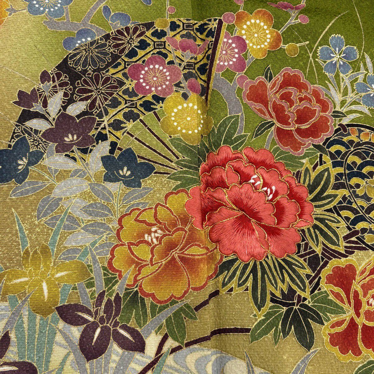 振袖禮服 身長158.5cm 袖長66cm M 雙層 扇子 牡丹 刺繡 金糸 蓬色 純蠶絲 秀品級