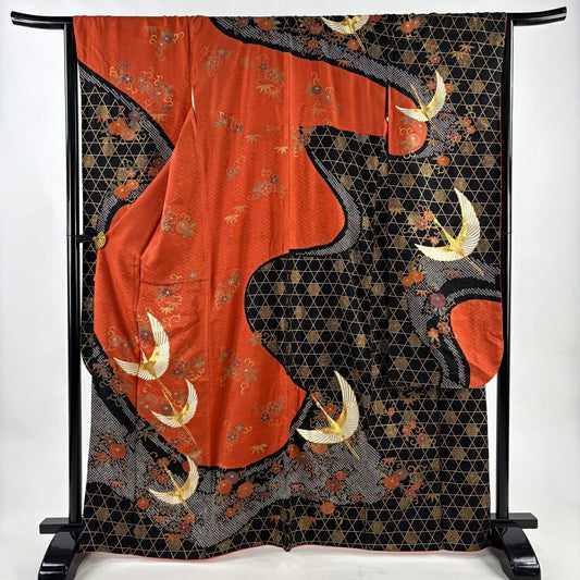 振袖禮服 身長165cm 袖長65cm M 雙層 仙鶴 菊花唐草紋 刺繡 金糸 紅茶 純蠶絲 秀品級