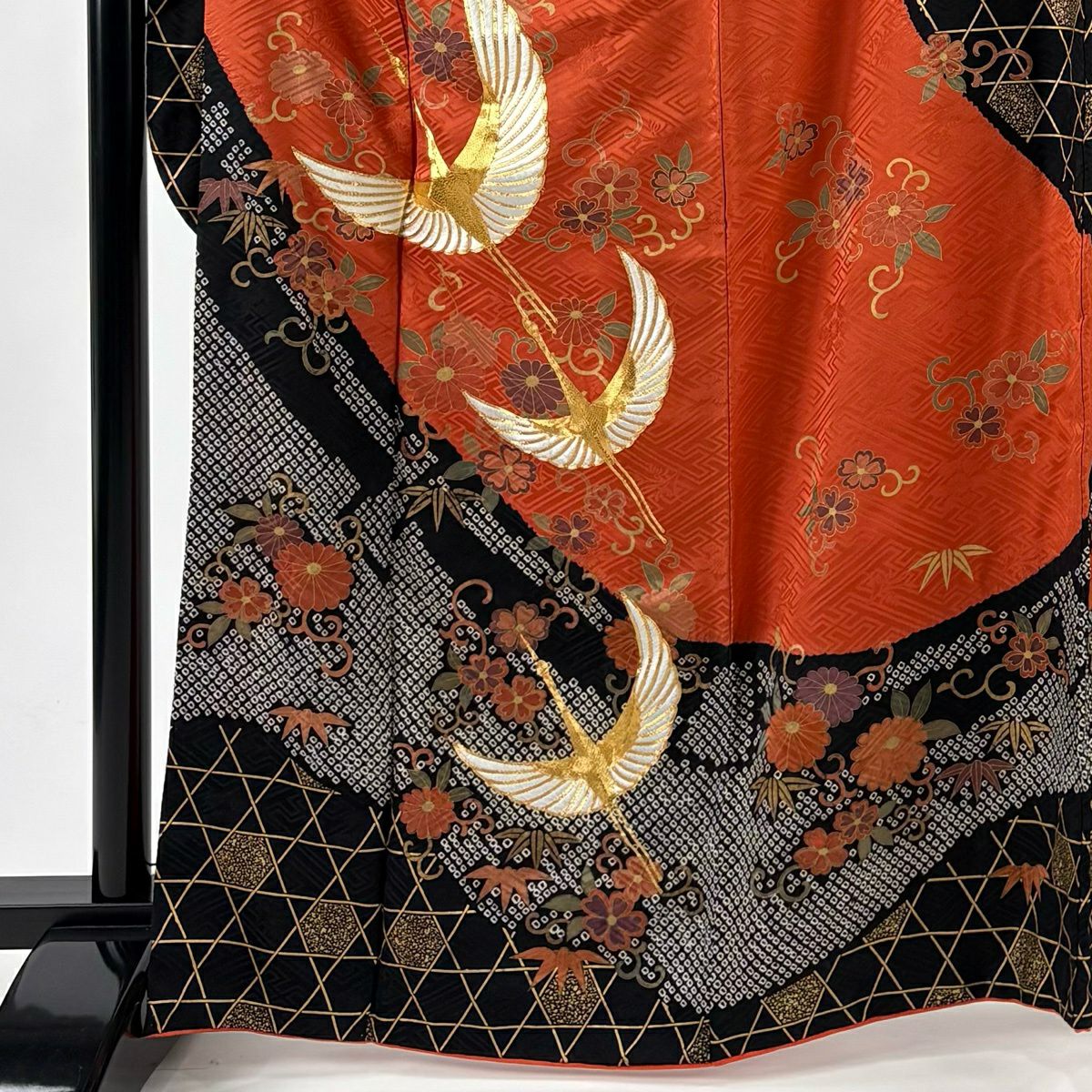 振袖禮服 身長165cm 袖長65cm M 雙層 仙鶴 菊花唐草紋 刺繡 金糸 紅茶 純蠶絲 秀品級