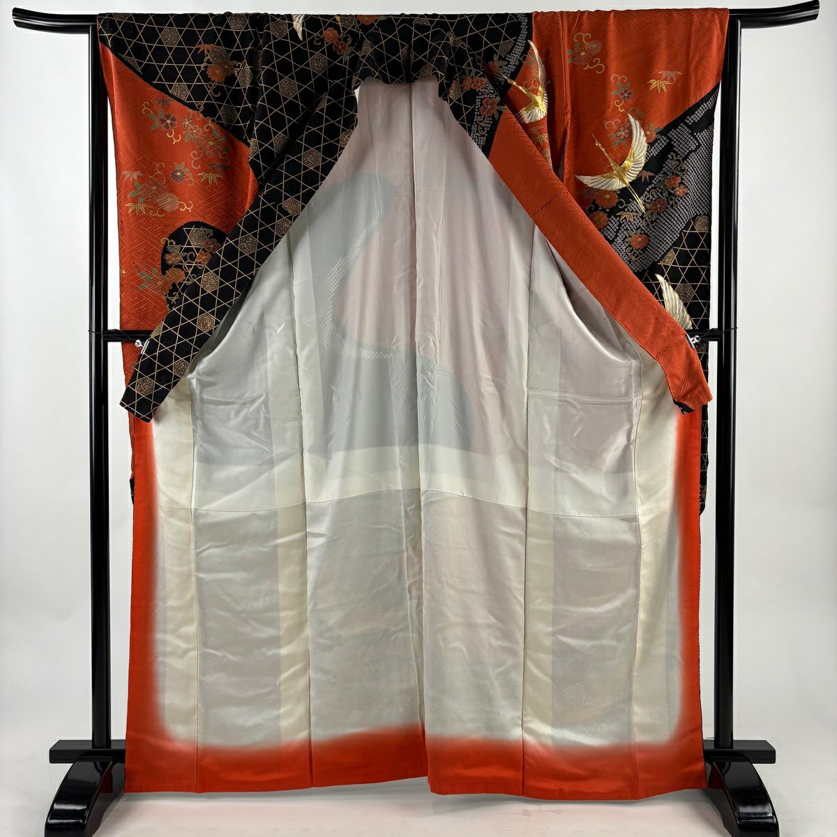 振袖禮服 身長165cm 袖長65cm M 雙層 仙鶴 菊花唐草紋 刺繡 金糸 紅茶 純蠶絲 秀品級