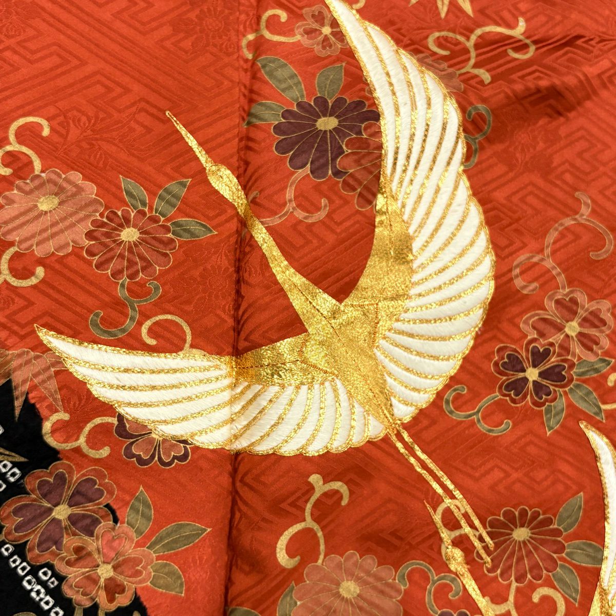 振袖禮服 身長165cm 袖長65cm M 雙層 仙鶴 菊花唐草紋 刺繡 金糸 紅茶 純蠶絲 秀品級