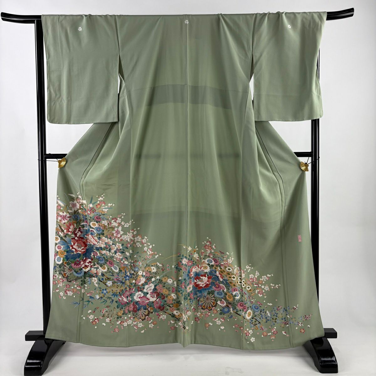 色留袖禮服 身長161cm 袖長70cm L 雙層 落款 花車 牡丹 薄綠 純蠶絲 秀品級 三つ紋