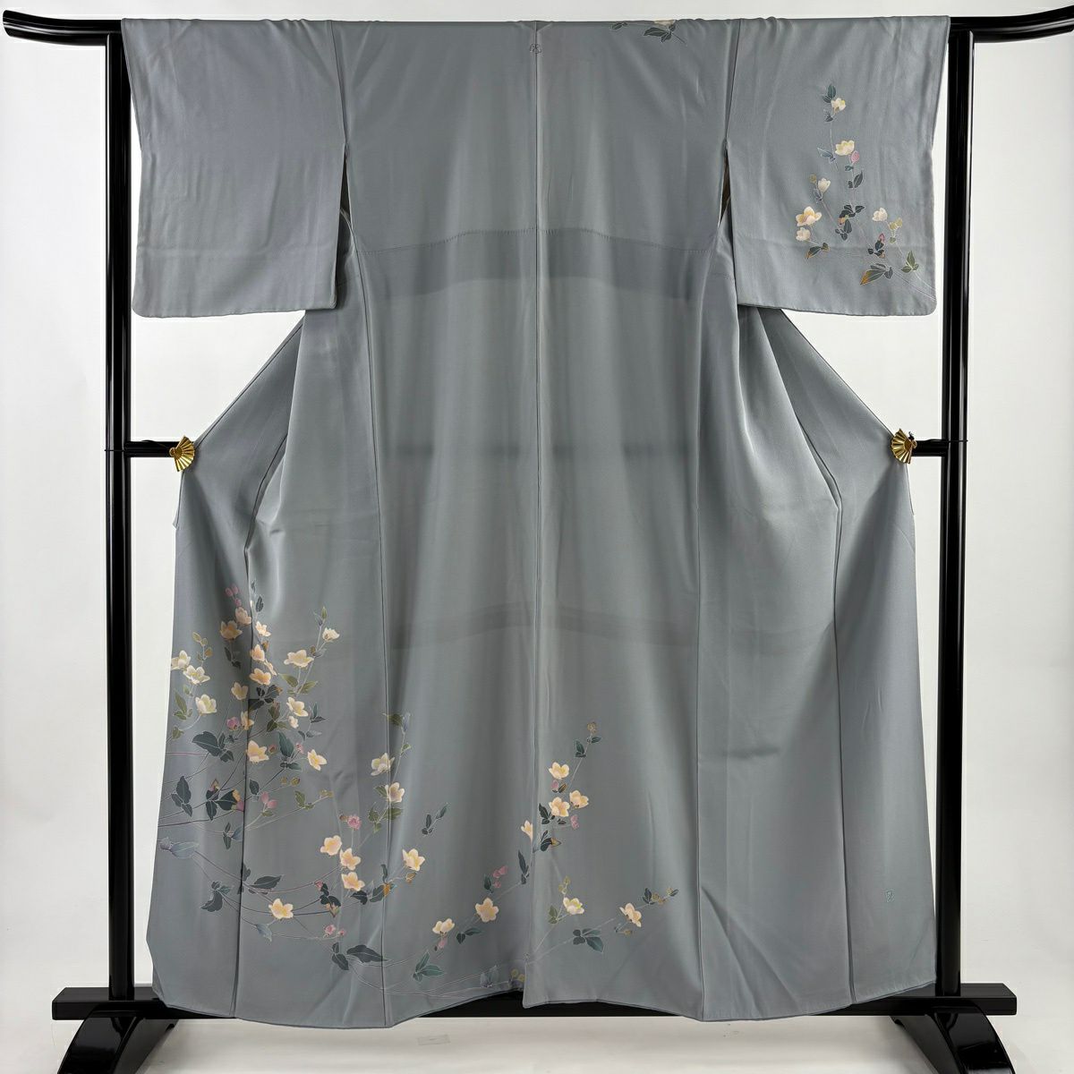 訪問服 身長158.5cm 袖長63cm S 雙層 落款あり 枝花 青灰 純蠶絲 秀品級 一つ紋