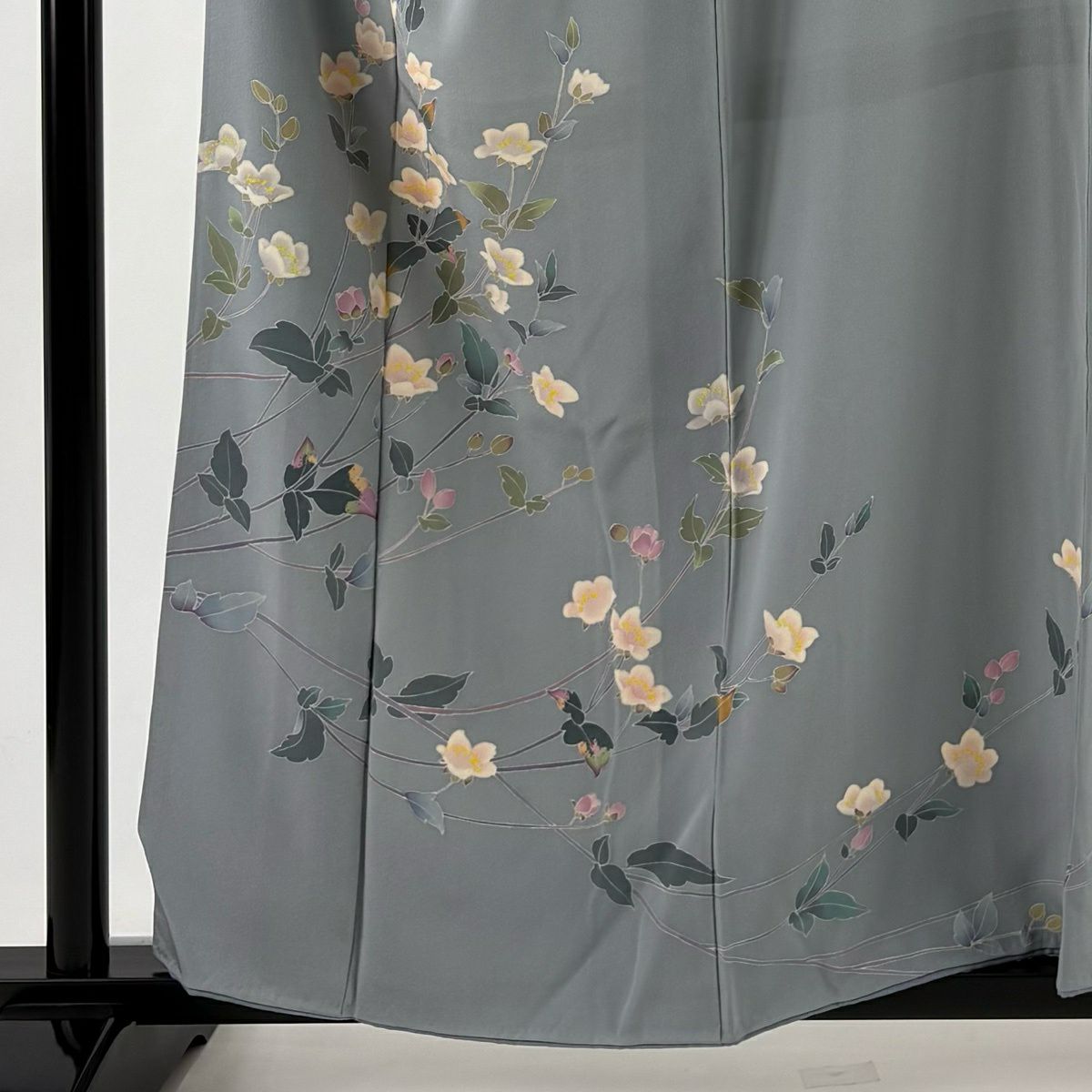 訪問服 身長158.5cm 袖長63cm S 雙層 落款あり 枝花 青灰 純蠶絲 秀品級 一つ紋