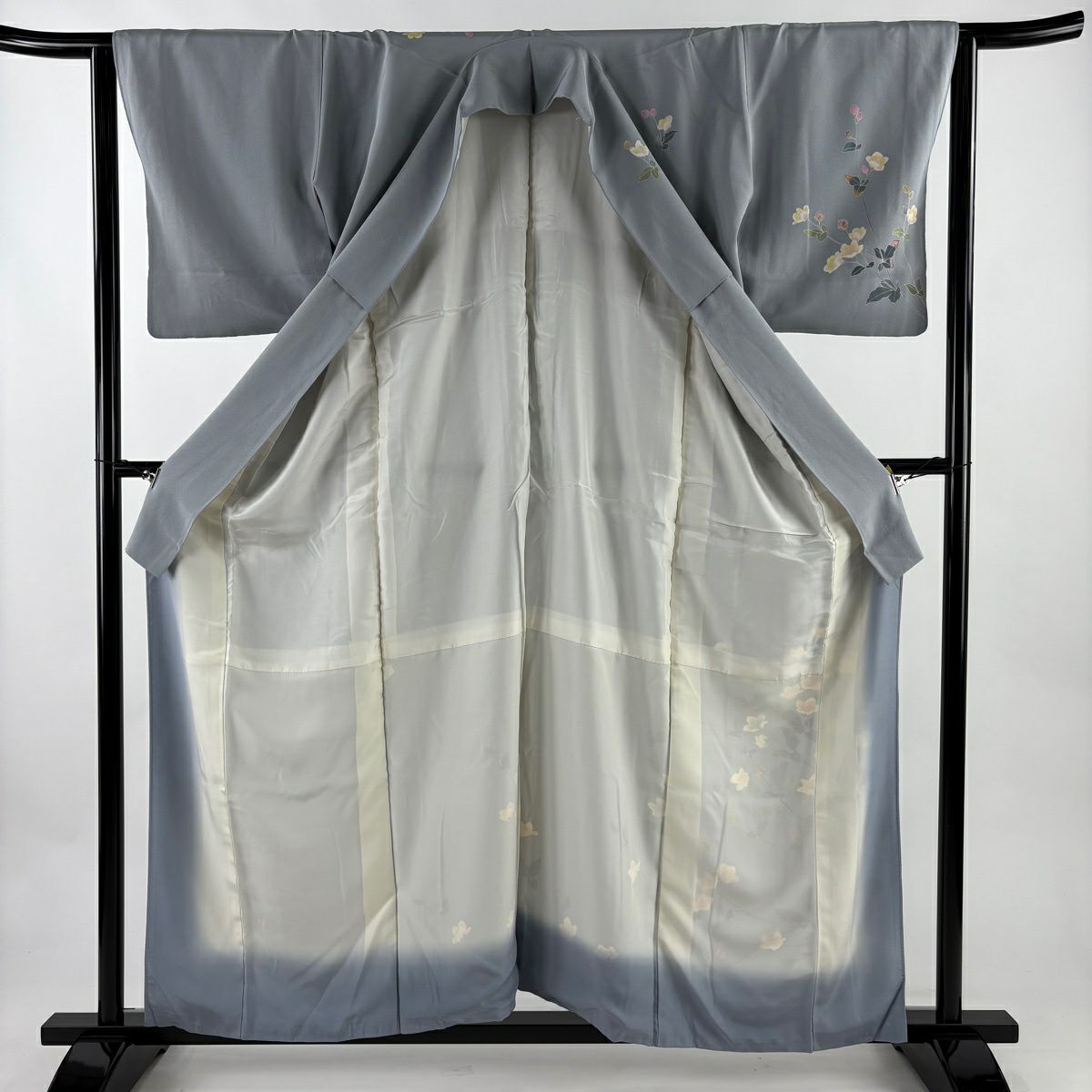 訪問服 身長158.5cm 袖長63cm S 雙層 落款あり 枝花 青灰 純蠶絲 秀品級 一つ紋