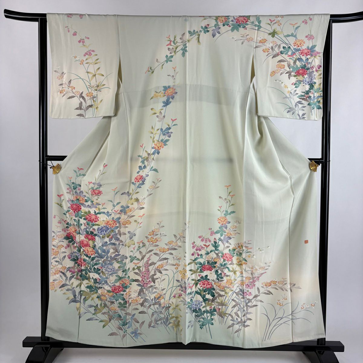訪問服 身長156cm 袖長64cm M 雙層 落款 草花紋紋 菊花 漸層 淡綠 純蠶絲 秀品級 一つ紋