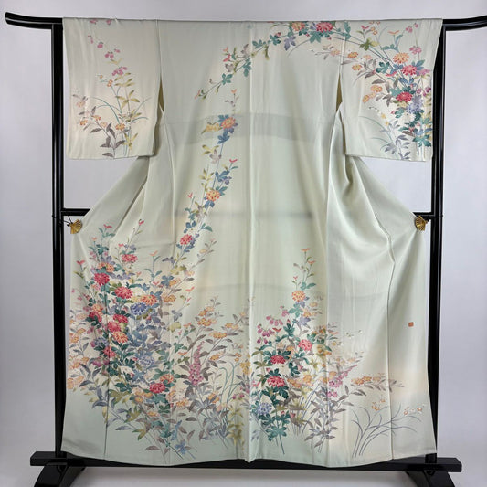 訪問服 身長156cm 袖長64cm M 雙層 落款 草花紋紋 菊花 漸層 淡綠 純蠶絲 秀品級 一つ紋