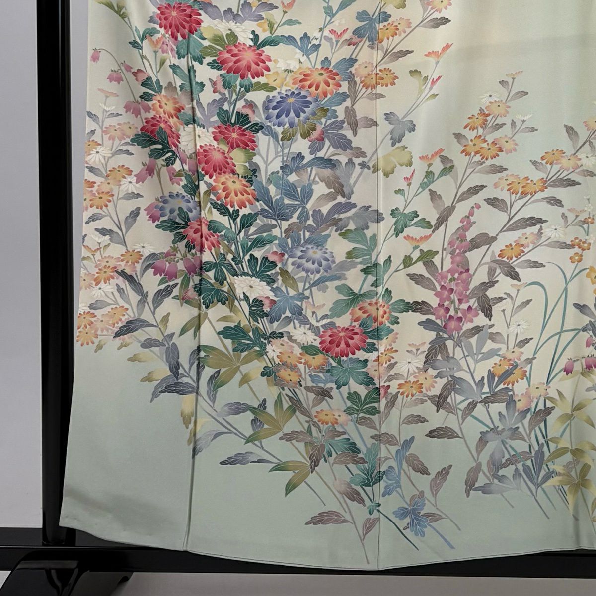 訪問服 身長156cm 袖長64cm M 雙層 落款 草花紋紋 菊花 漸層 淡綠 純蠶絲 秀品級 一つ紋