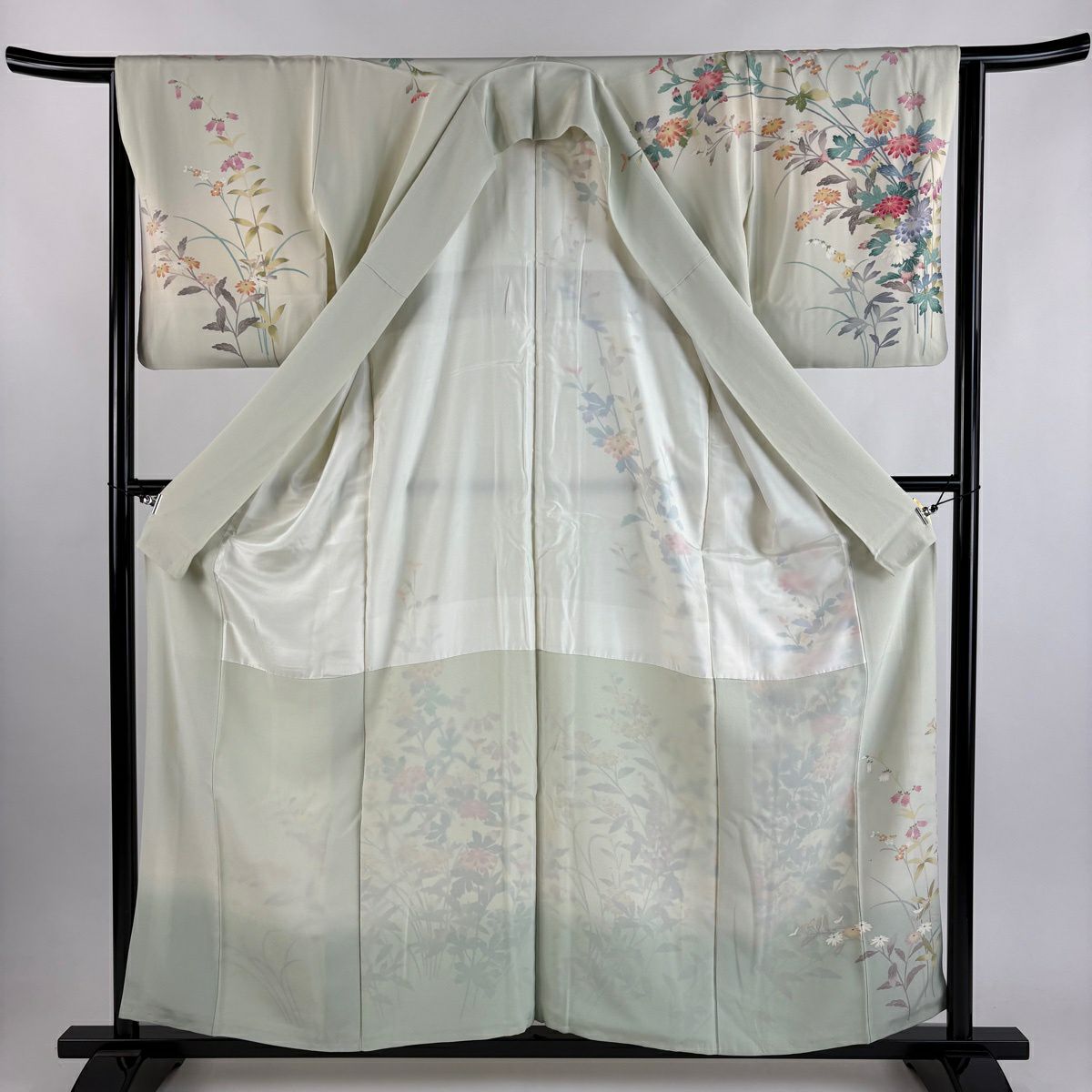 訪問服 身長156cm 袖長64cm M 雙層 落款 草花紋紋 菊花 漸層 淡綠 純蠶絲 秀品級 一つ紋