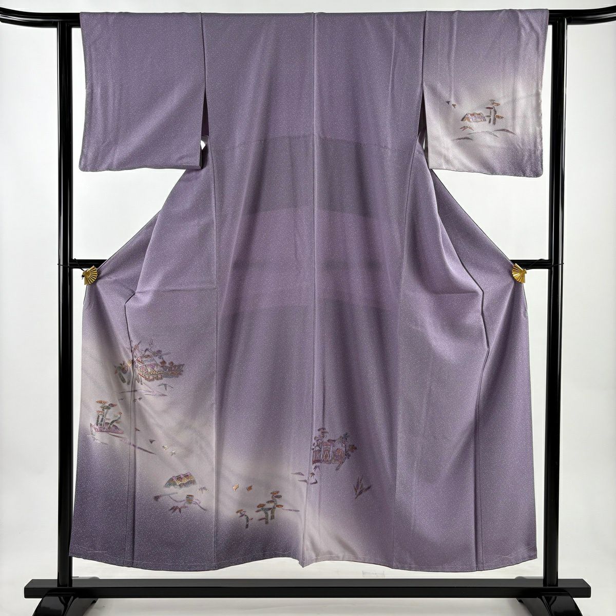 付下 身長151cm 袖長61.5cm S 雙層 家屋 松樹竹子梅花 刺繡 金絲 淺紫 純蠶絲 優品級