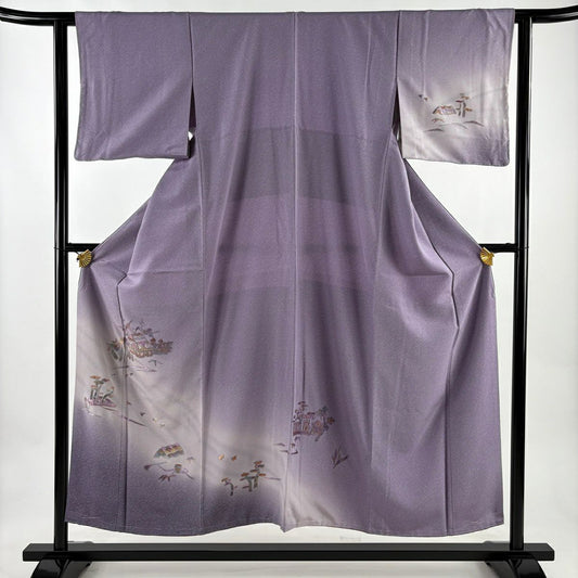 付下 身長151cm 袖長61.5cm S 雙層 家屋 松樹竹子梅花 刺繡 金絲 淺紫 純蠶絲 優品級