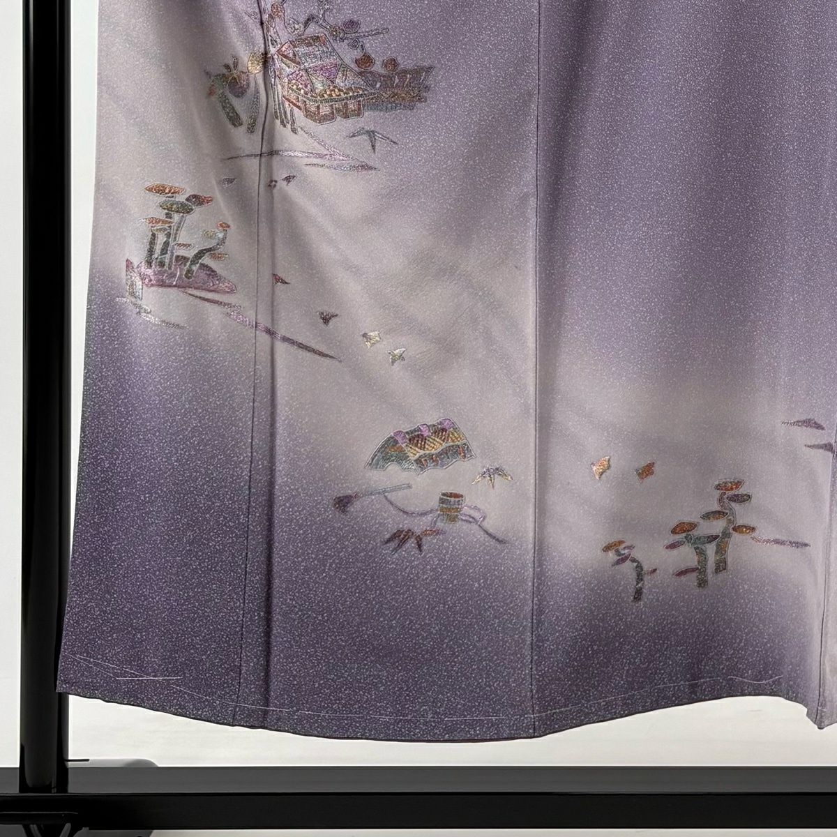 付下 身長151cm 袖長61.5cm S 雙層 家屋 松樹竹子梅花 刺繡 金絲 淺紫 純蠶絲 優品級