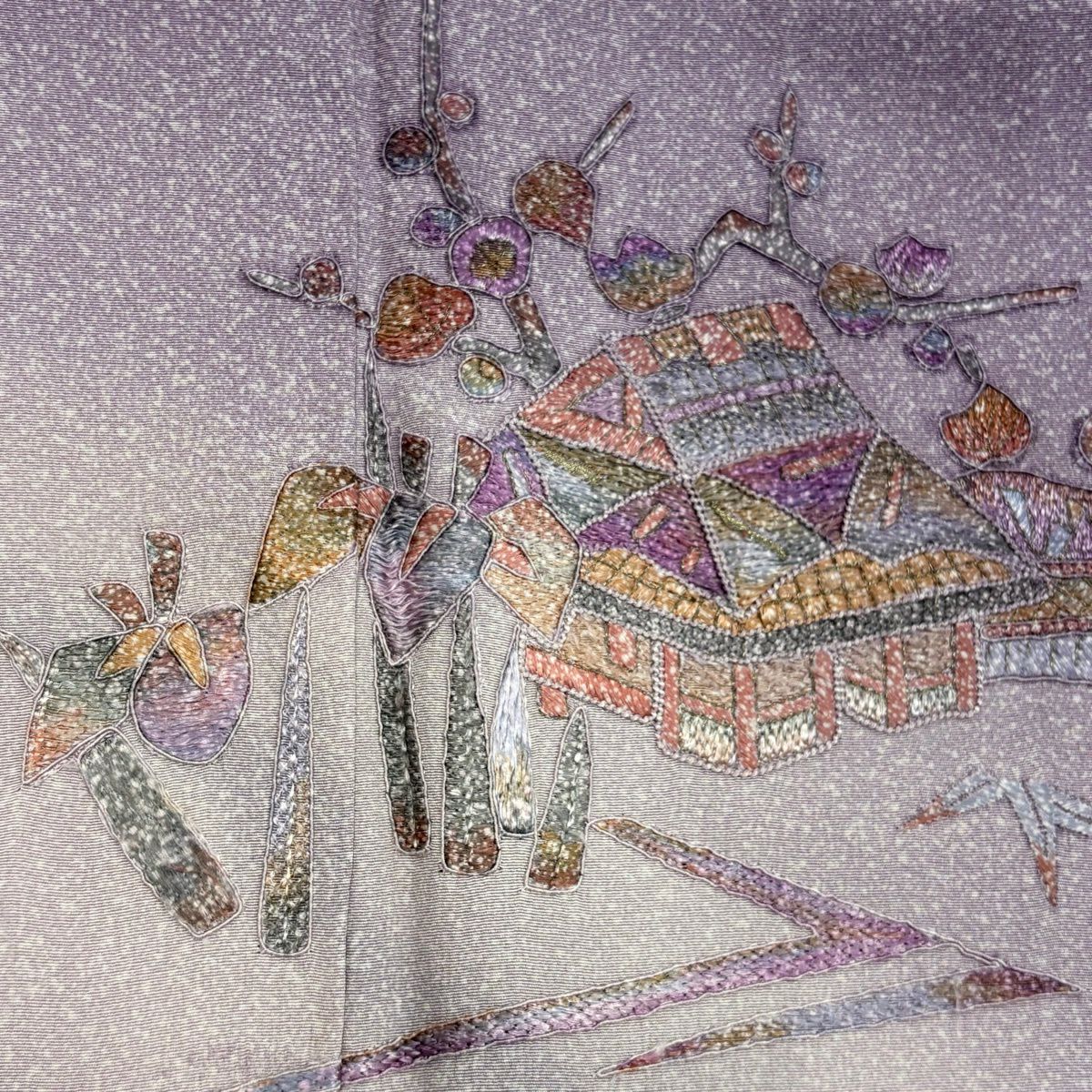 付下 身長151cm 袖長61.5cm S 雙層 家屋 松樹竹子梅花 刺繡 金絲 淺紫 純蠶絲 優品級
