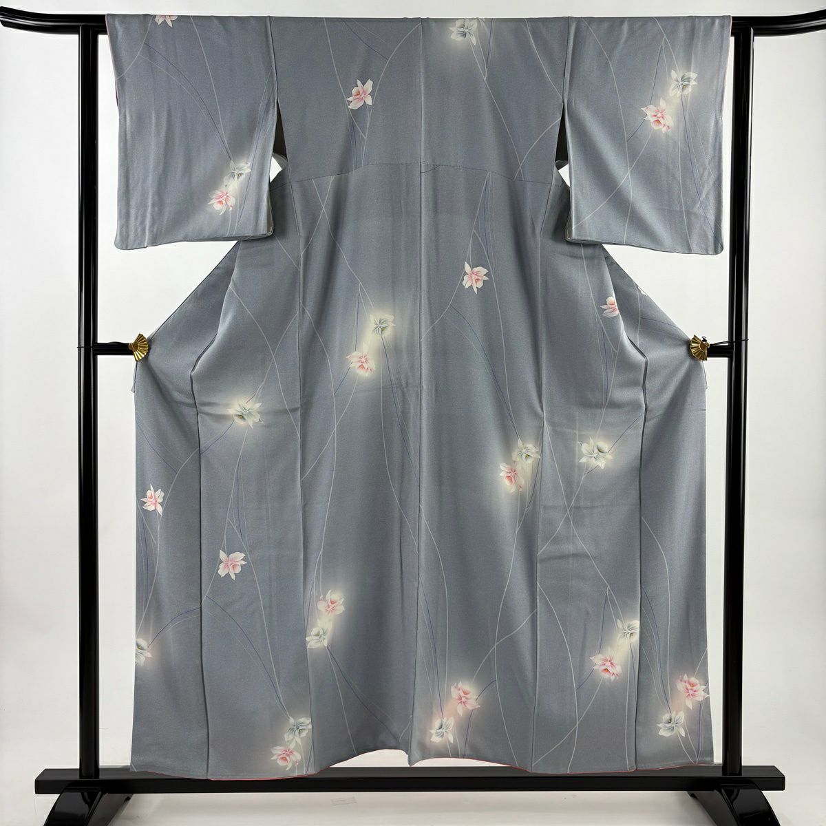 小紋 身長155cm 袖長62cm S 雙層 草花紋紋 地紋 漸層 金彩裝飾 青灰 純蠶絲 秀品級