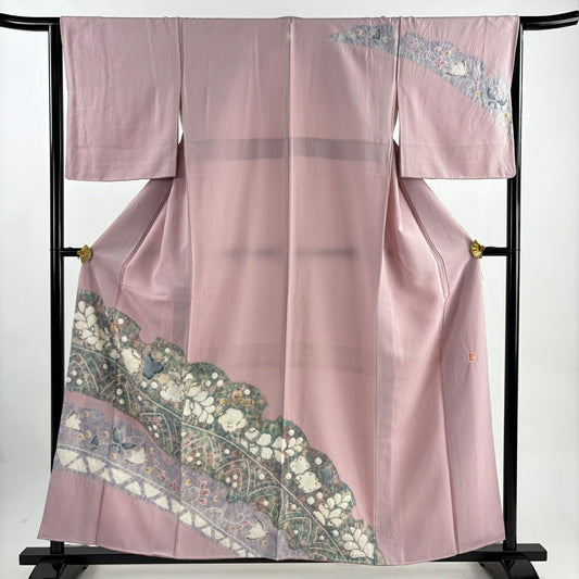 訪問服 身長158cm 袖長65.5cm M 雙層 滝泰 有落款 辻花染 雪輪 粉紅 純蠶絲 優品級
