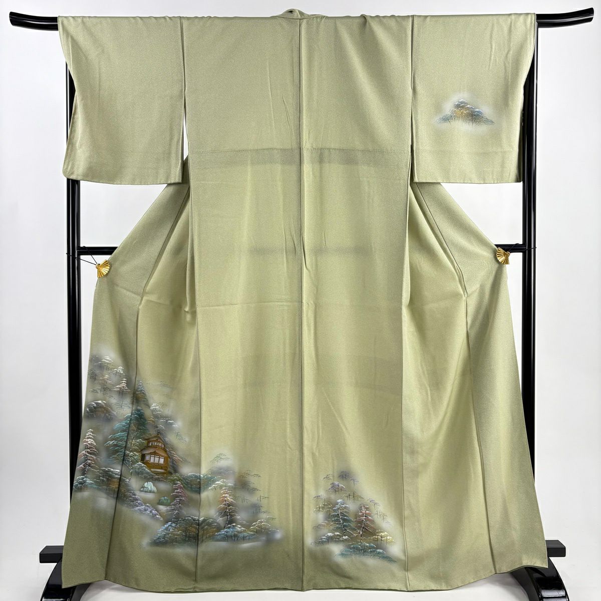 【美品】 付下 身長166cm 袖長68.5cm L 雙層 建物 樹木 金銀彩 灰綠 純蠶絲 秀品級