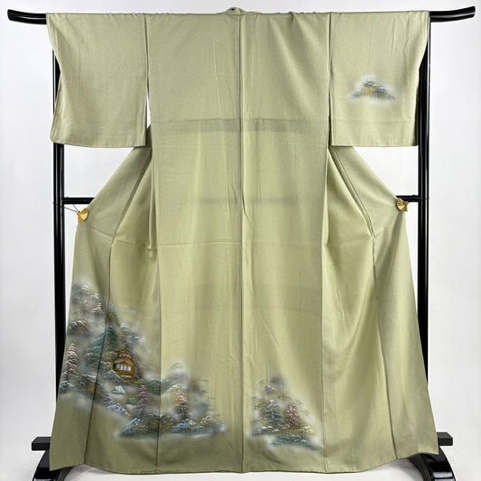 【美品】 付下 身長166cm 袖長68.5cm L 雙層 建物 樹木 金銀彩 灰綠 純蠶絲 秀品級