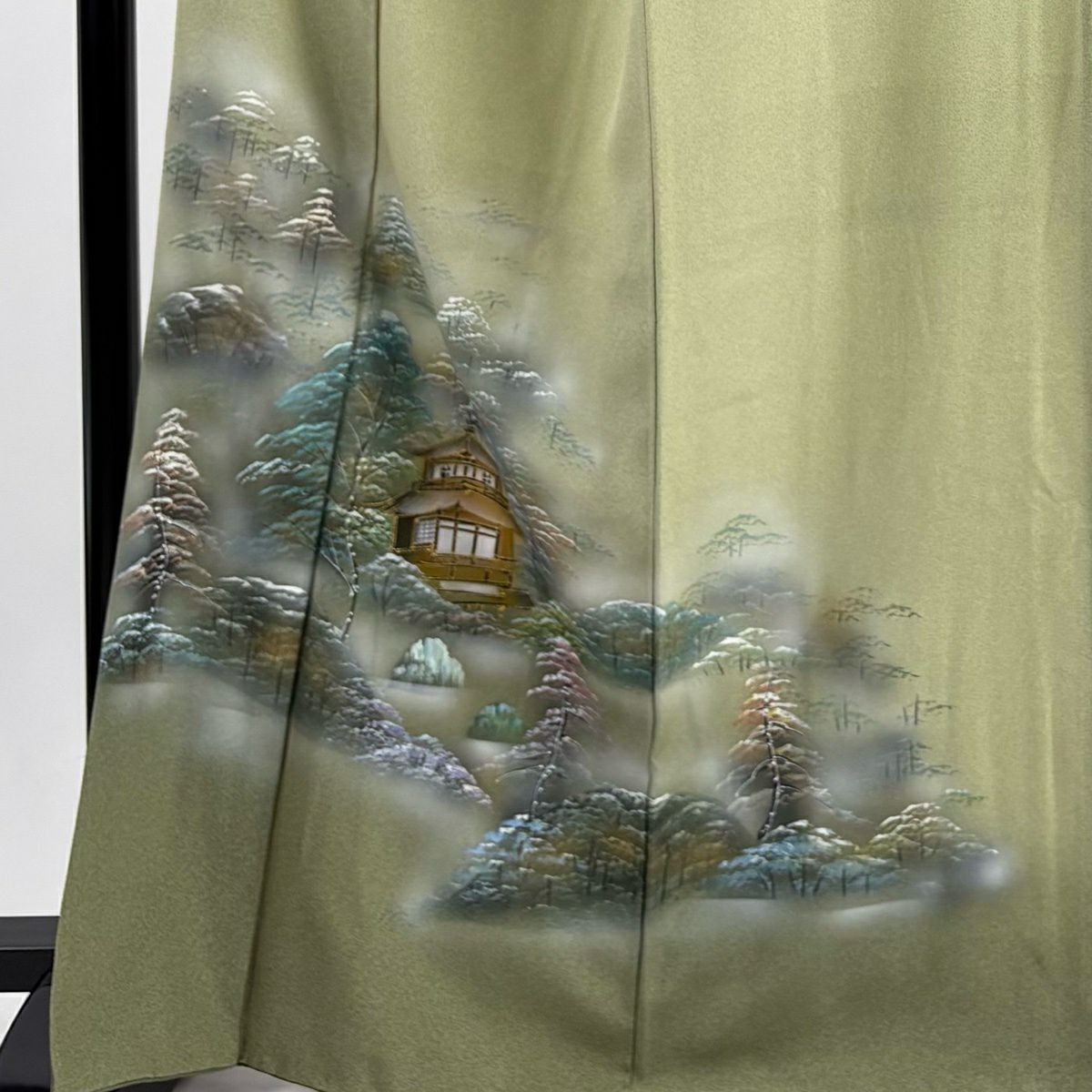 【美品】 付下 身長166cm 袖長68.5cm L 雙層 建物 樹木 金銀彩 灰綠 純蠶絲 秀品級