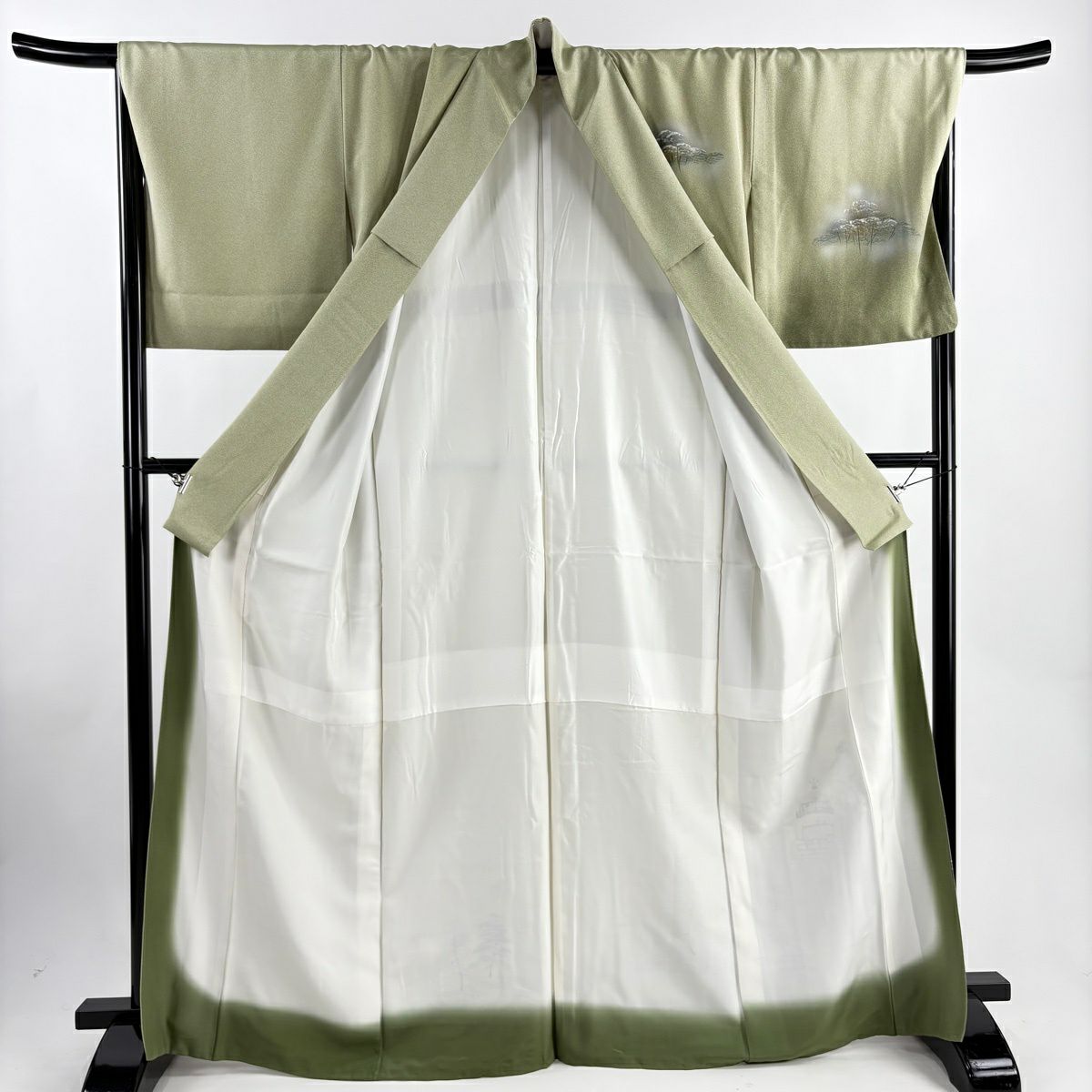 【美品】 付下 身長166cm 袖長68.5cm L 雙層 建物 樹木 金銀彩 灰綠 純蠶絲 秀品級