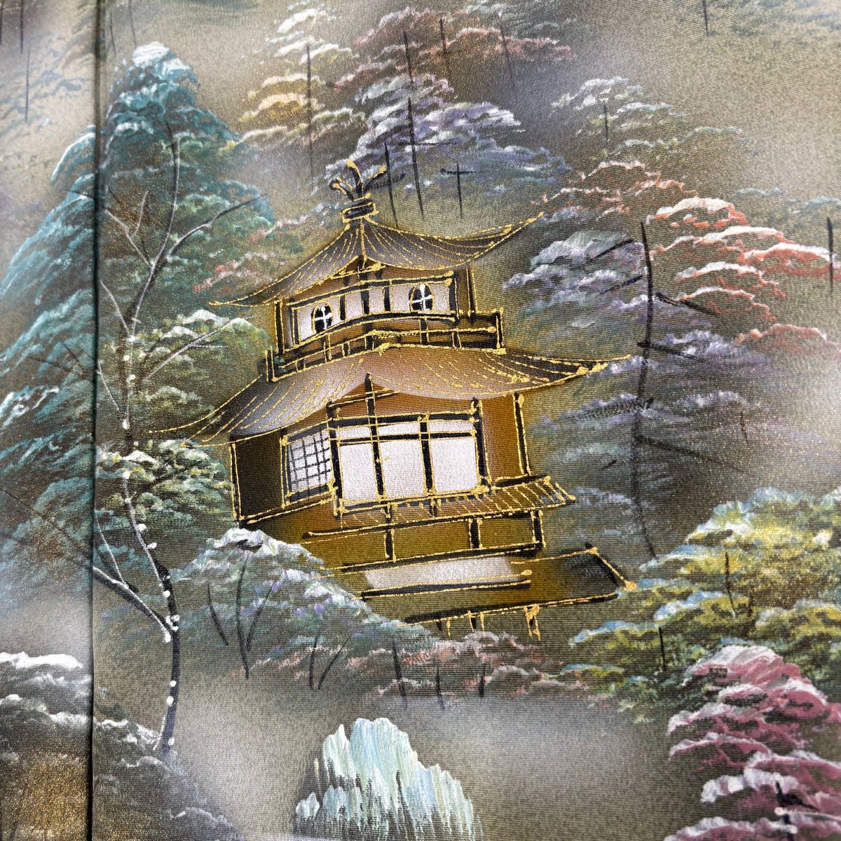 【美品】 付下 身長166cm 袖長68.5cm L 雙層 建物 樹木 金銀彩 灰綠 純蠶絲 秀品級
