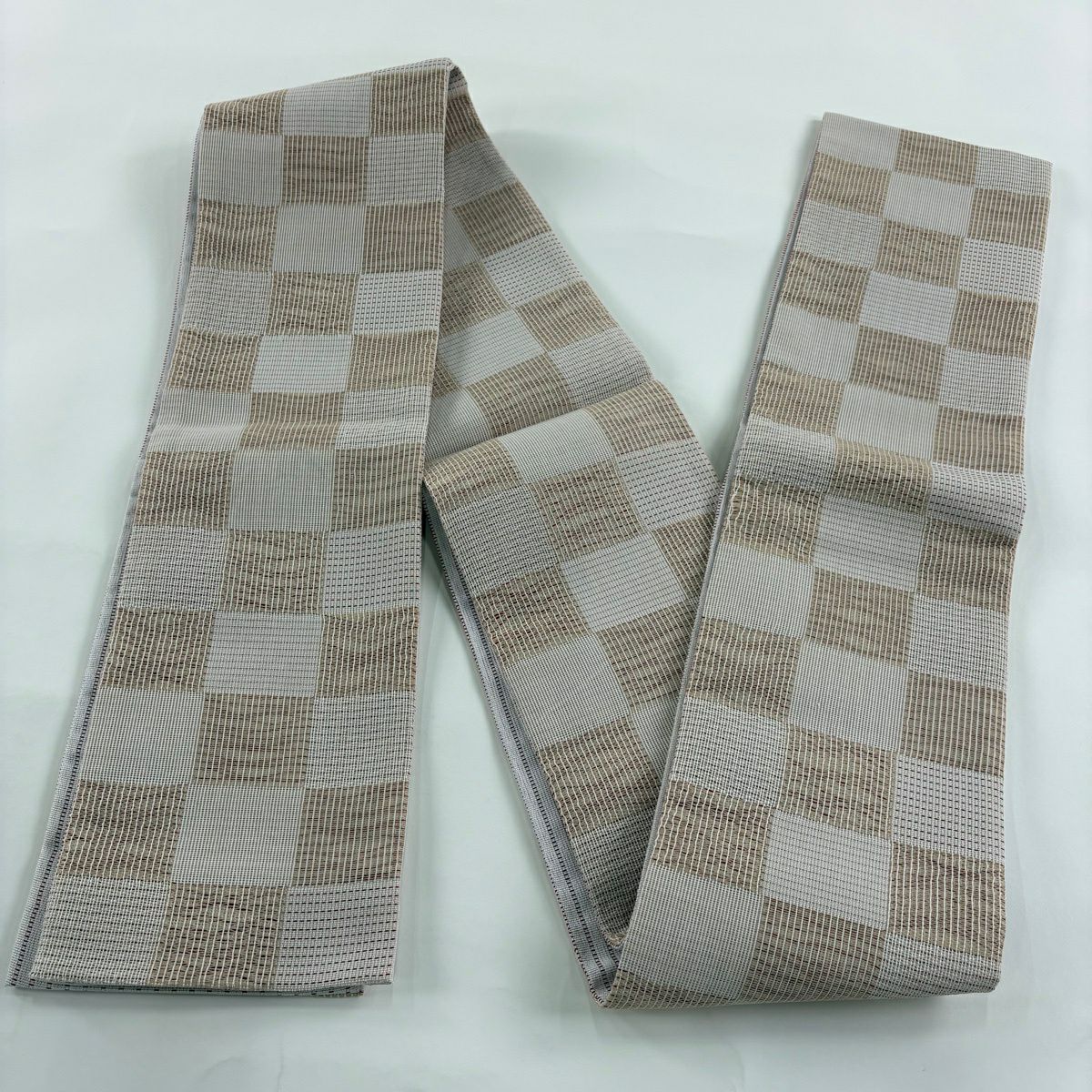 【美品】半幅帶 優品級 撫松樹庵 市松樹 縞 茶 化纖