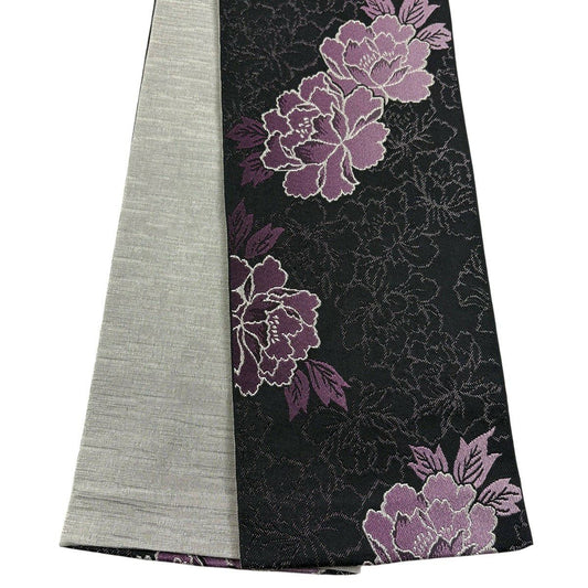【美品】半幅帶 優品級 牡丹 黑 化纖