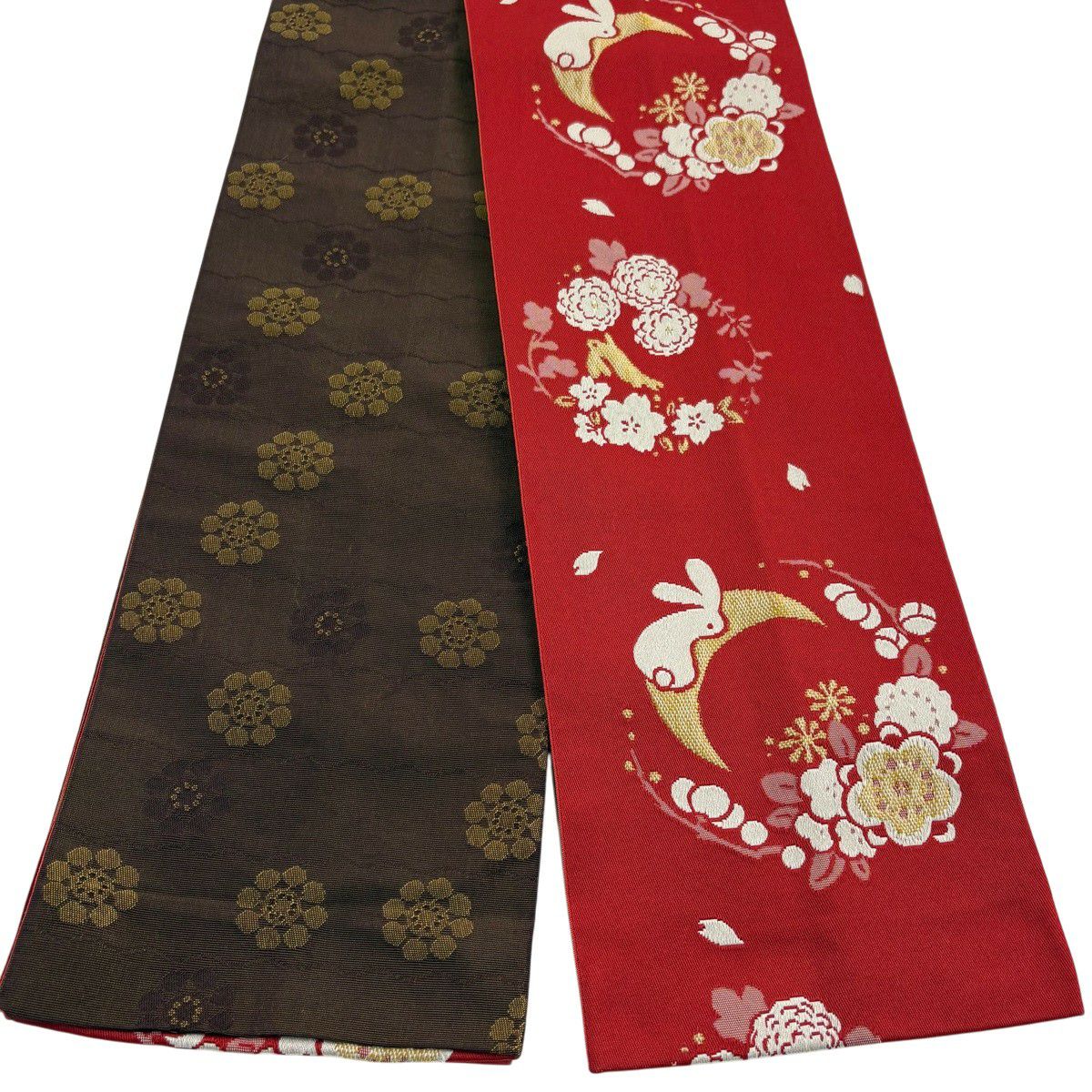 【美品】半幅帶 優品級 兔子 草花紋 紅 化纖